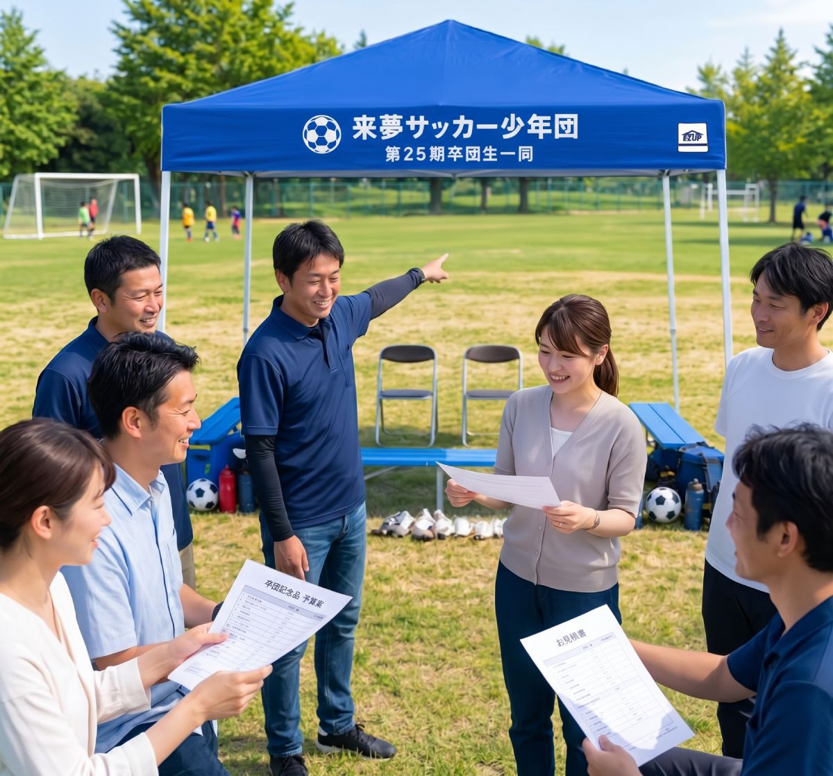 卒団記念品の名入れテントと、予算確認をする保護者たち