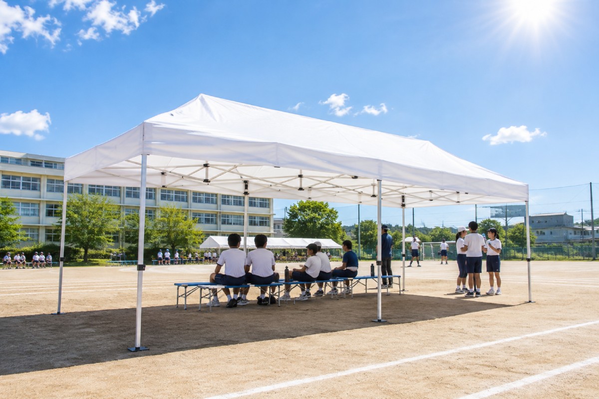 学校の運動場で日除けとして使用されている白い3×6mのワンタッチテント