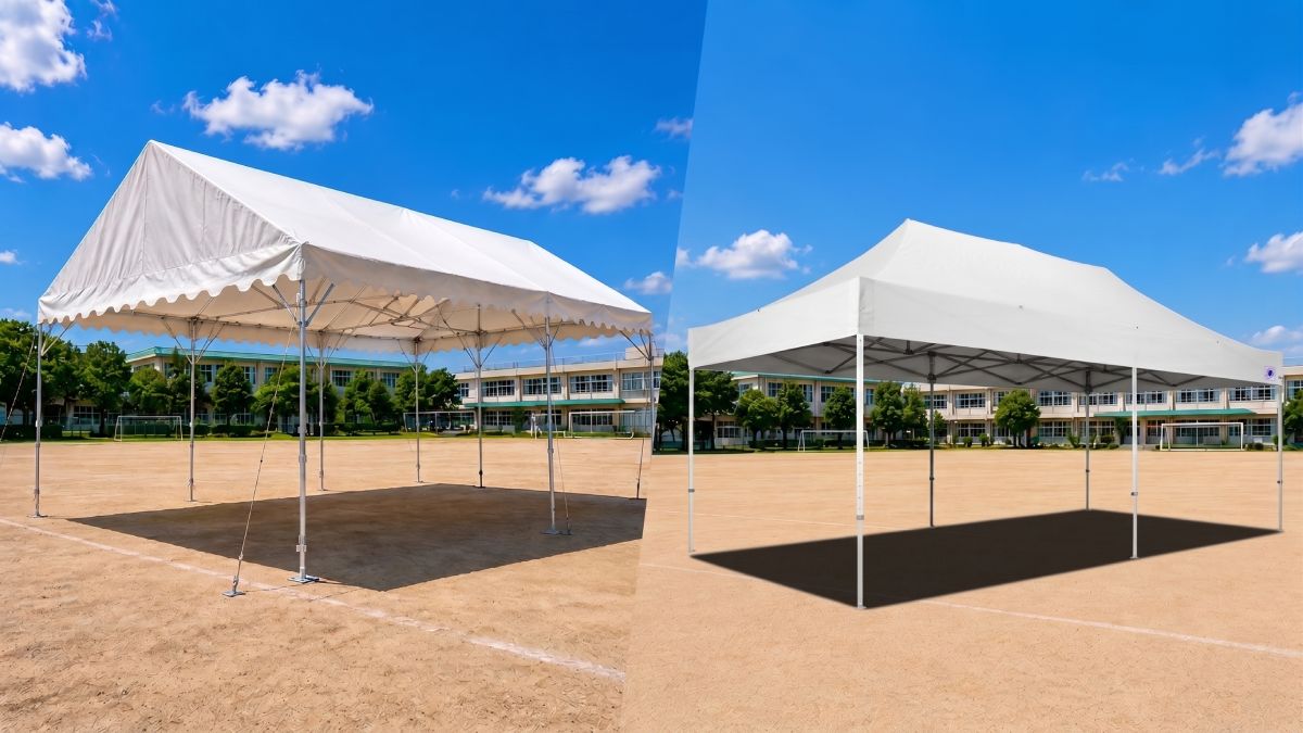 学校のグラウンドに設置されたパイプテントとイージーアップテント3×6m