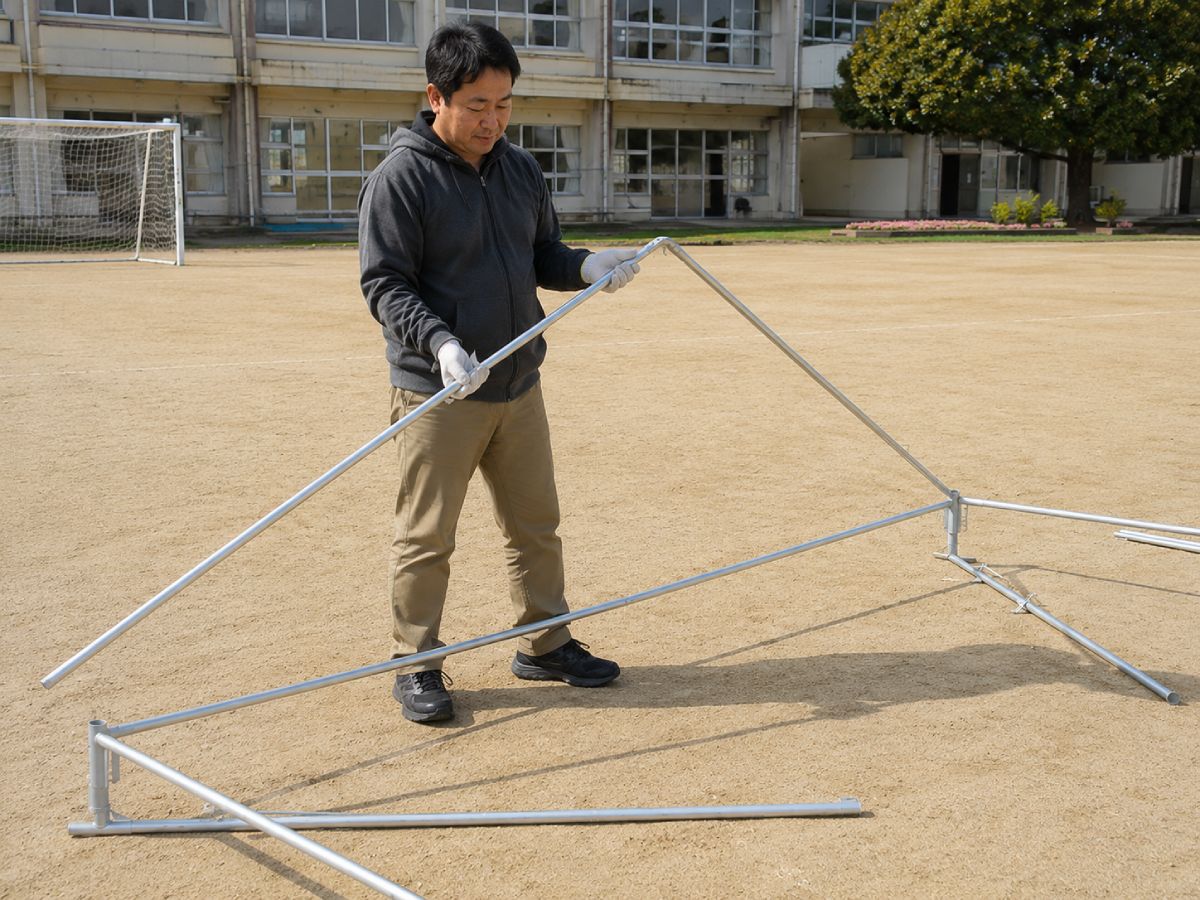 グラウンドに鉄製フレームのパーツを並べて骨組みから組み立てるパイプテント