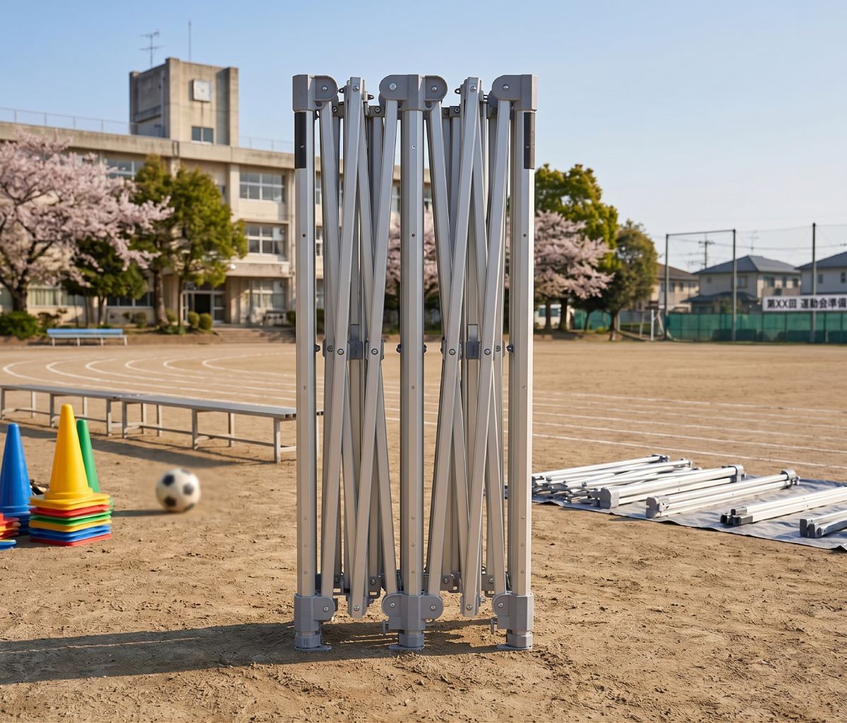 天幕をつけたままジャバラ式に折りたたんでコンパクトに収納できるワンタッチテント
