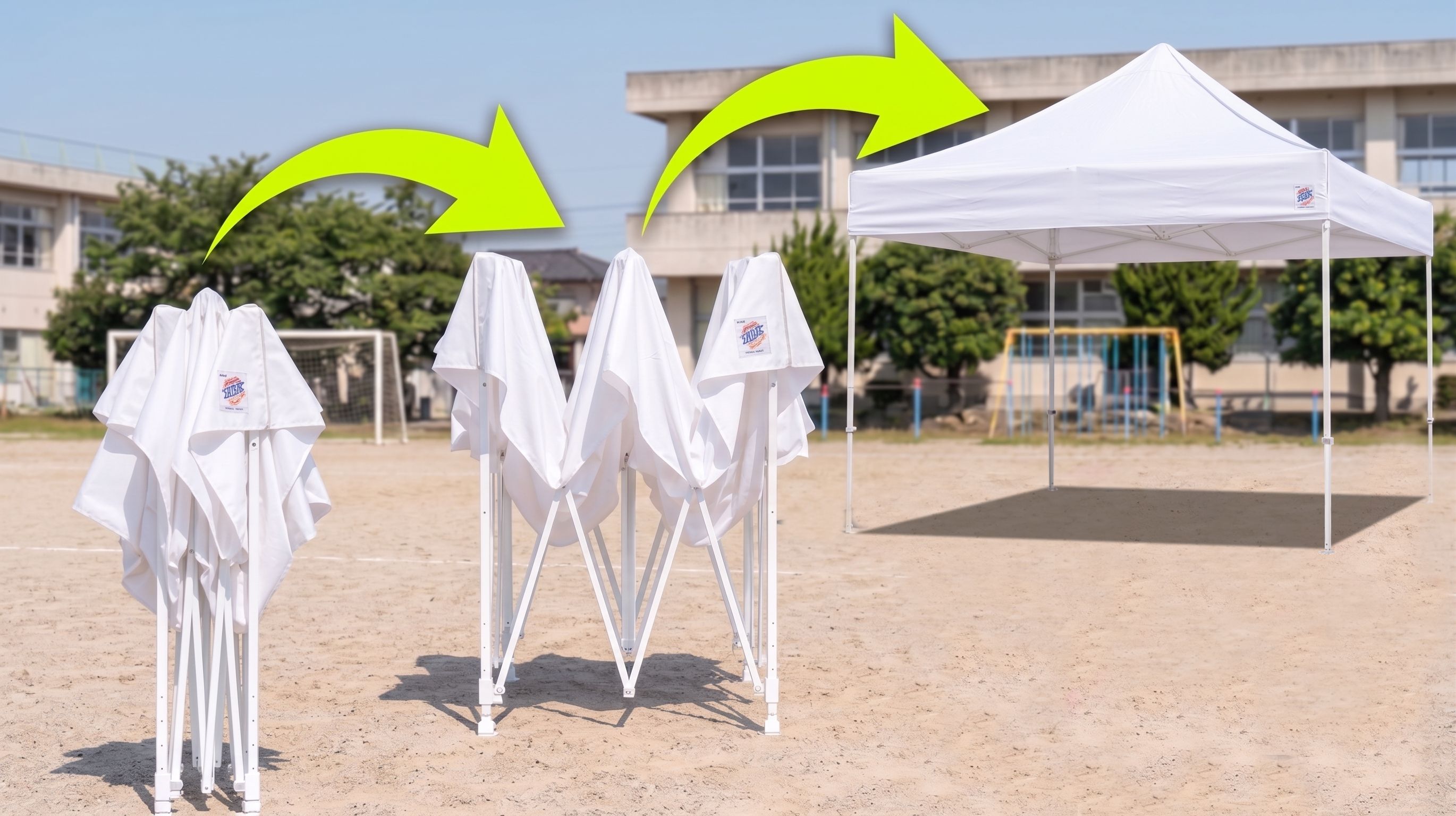 イベント用ワンタッチテントを設営している様子
