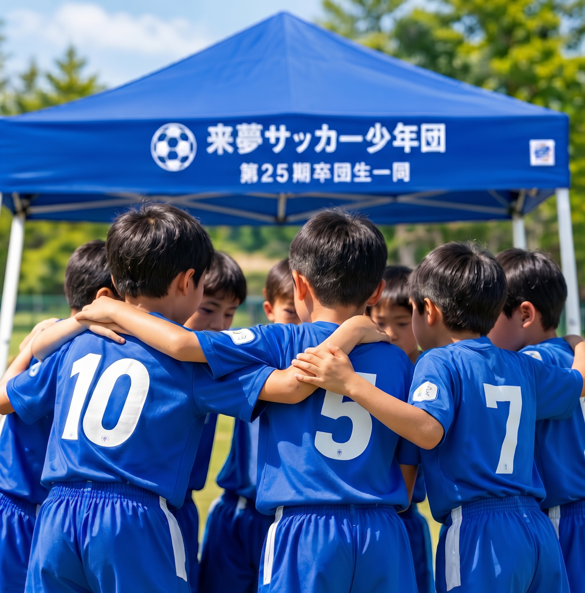 サッカー少年団の寄贈名入れテントの前で円陣を組む子供達